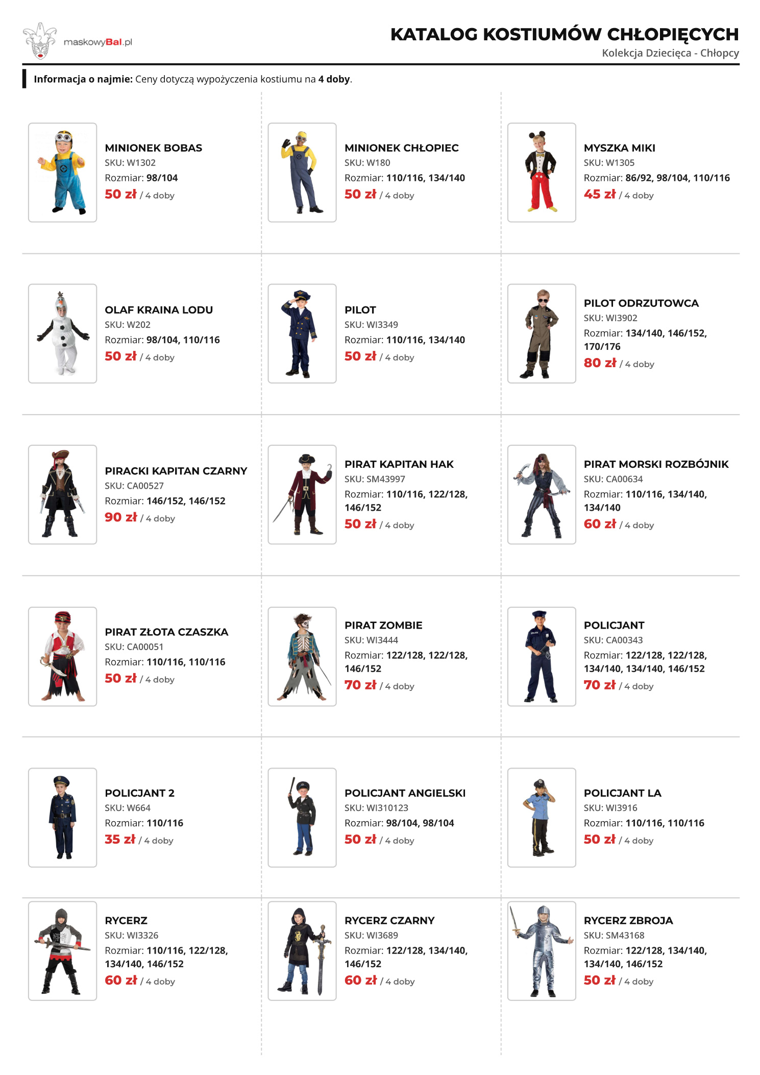 Katalog chłopców wypożyczalni strojów Maskowy Bal